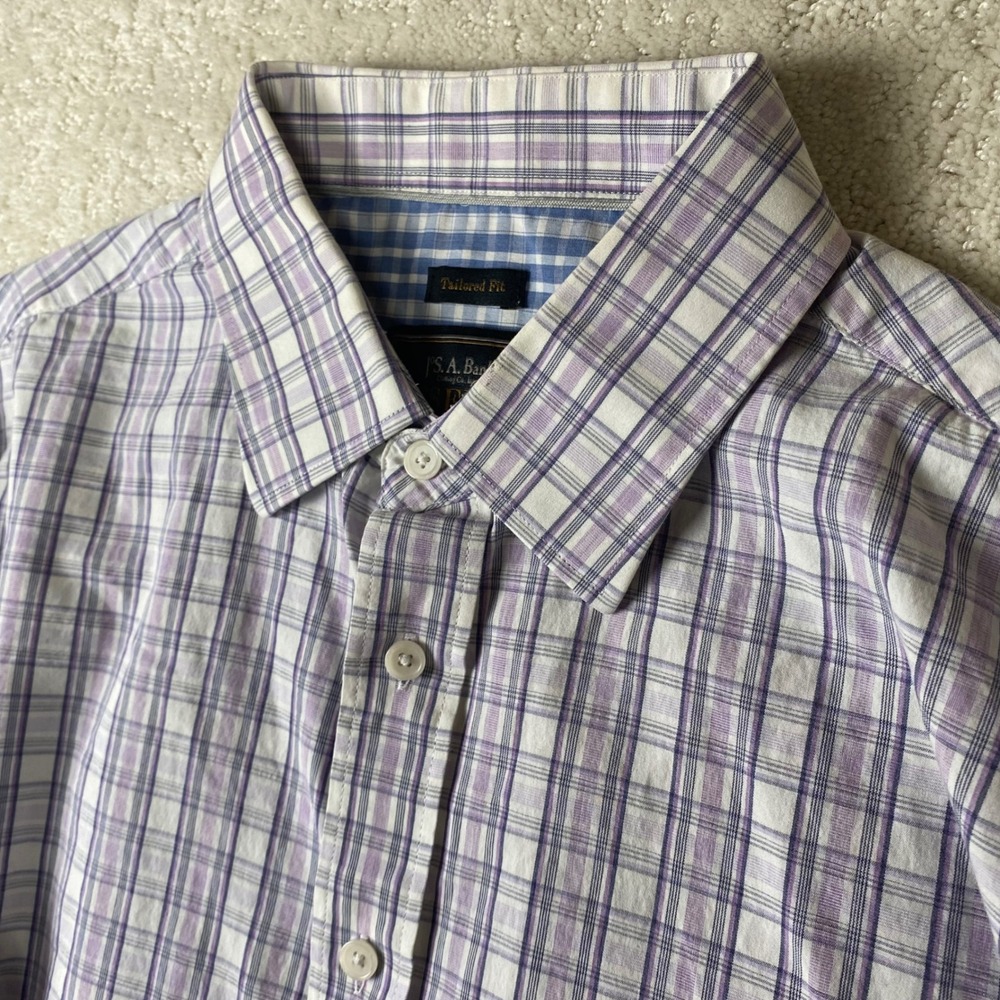 Jos A Bank Reserve Mens L Purple Plaid Cotton Cashmere Tailored Button Down